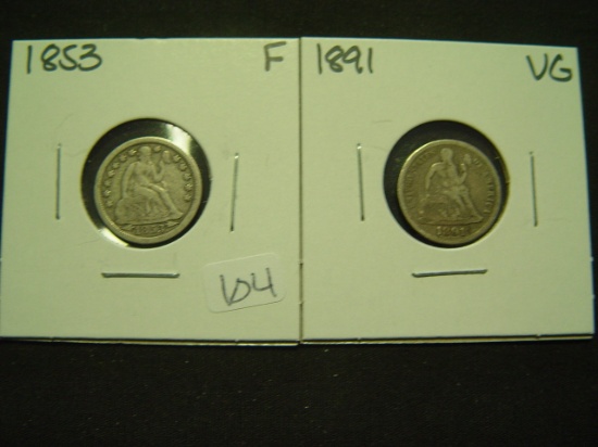Two Seated Dimes: 1853  Fine & 1891  VG