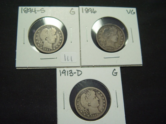 Three Barber Quarters: 1894-S  Good, 1896  VG, 1913-D  Good