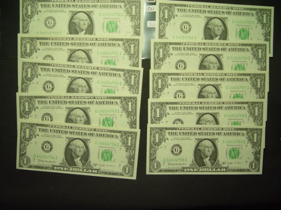 Ten Consecutive 1963-B $1 Federal Reserve "Barr" Notes