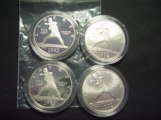 Four 1992 Olympic Baseball Silver Dollars: (2) Proof & (2) BU
