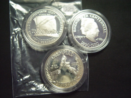 Three Different Proof Commemorative Silver Dollars: