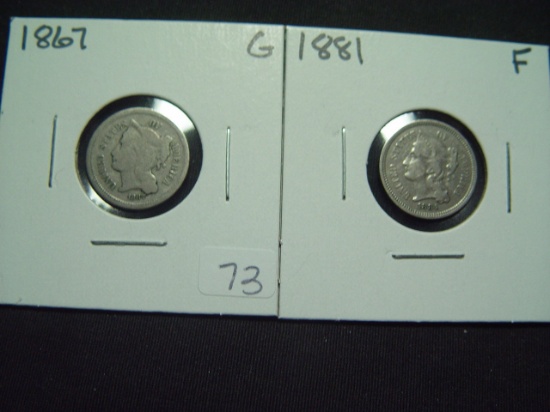 Pair of 3c Nickels: 1867  Good & 1881  Fine