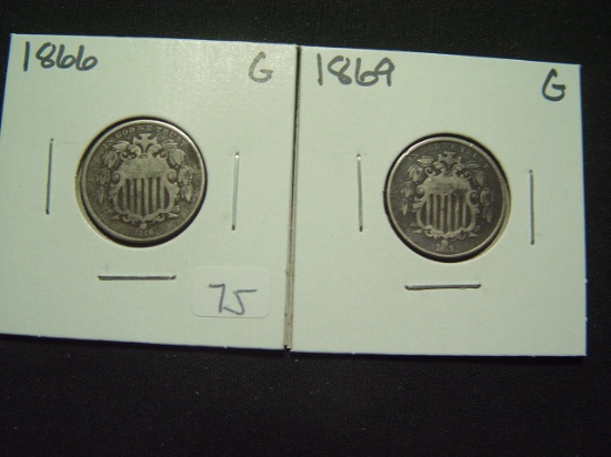 Pair of Good Shield Nickels: 1866 & 1869