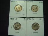 Four BU 1950-D Jefferson Nickels