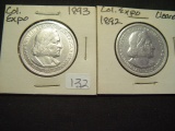 Two Cleaned Columbian Expo Halves: 1892 & 1893