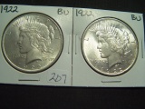 Two 1922 BU Peace Dollars