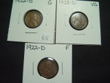 Three 1922-D Lincoln Cents: G, VG, Fine