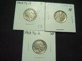 Three 1913 Ty. 2 Buffalo Nickel   (1) Fine & (2) XF