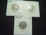 Three Early Buffalo Nickels: 1915 P-D-S   Fine-Fine-Good