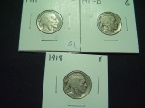 Three Different Early Buffalo Nickels: 1917  Fine, 1917-D  Good, 1918  Fine