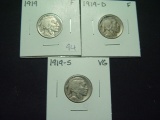 Three Early Buffalo Nickels: 1919 P-D-S  Fine-Fine-VG