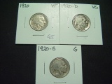 Three Buffalo Nickels: 1920 P-D-S   VF-VG-Good