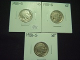 Three 1931-S Buffalo Nickels   VG, XF, XF