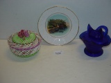 Mixed lot- plate, hen in nest and covered candy dish