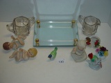 Mixed glassware and figurine lot mirror tray