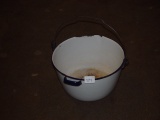 White porcelain enamel handled pot 12” diameter typical wear chipping and cracking in finish