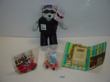 Chain burglar alarm (unopened & untested), Motorcycle Stamp Bear 8” and others