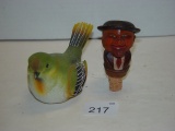 Hand carved wood bottle stopper and bird. Stopper mouth opens with lever 2 pics