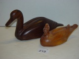 Hand carved wooden ducks longest 9.5” Smaller duck marked “DJ76”