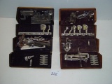 Oak folding wood box with sewing machine accessories 2 pics