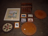 Mixed lot- Lazy Susans 18”, framed prints, magazine rack and other