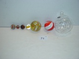 Mixed job lot- hand blown glass balls, marbles and glass ornament with cracks largest 3”