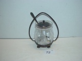 Etched glass sugar bowl ?? sterling silver base, lid and spoon 5.5” tall
