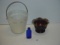 Glassware lot- bucket 8” tall, bottle marked “HA” on bottom, dish marked “G” on bottom