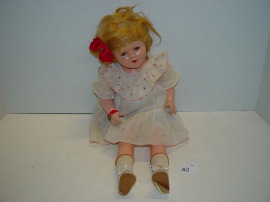 Composition Shirley Temple sleepy eyed doll 18” tall