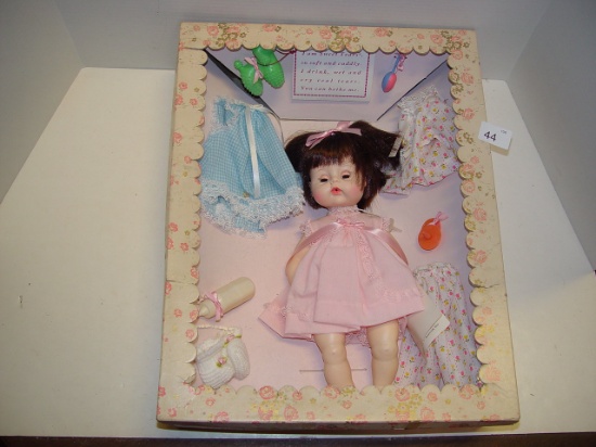 Sweet Tears sleepy eyed doll and accessories in original box (box weak) 12” tall
