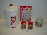 Campbells Soup collectible lot- cookie jar, salt & pepper shakers, mug and airplane