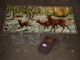 Mixed lot- deer tapestry 38x19, purse, Hershey's jar and glass candle holders 5.5” tall