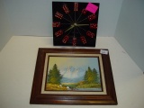 Framed acrylic painting signed by Ltasfun 14” x 12” Battery operated clock untested