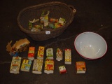 Mixed lot- woven basket, white porcelain bowl, toy paper buildings and other