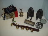 Mixed lot- Canon 35MM camera, rolling brush, irons, bells, cookie cutters and other 2 pics