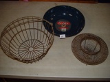 Vintage egg baskets and graniteware basin With Original Label
