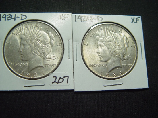 Two 1934-D XF Peace Dollars