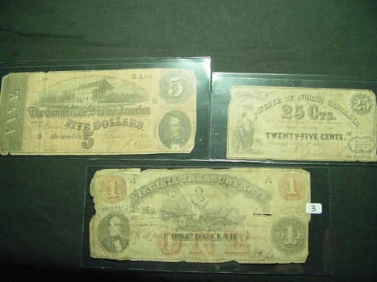 Three Southern Notes: $5 Confederate, North Carolina 25c, $1 Virginia