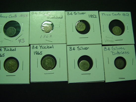 Eight Cull  Three Cent Pieces- Silver & Nickel