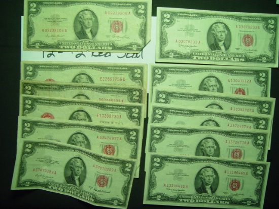 Twelve $2 Red Seal Notes 1928, 1953 & 1963   Avg. Circulated
