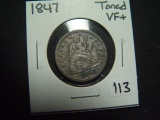 1847 Seated Quarter   Toned   VF+