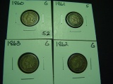Four Copper/Nickel Indian Cents: 1860, 1861, 1862, 1863