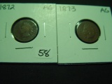 Pair of About Good Indian Cents: 1872 & 1873