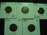 Five Different Early Indian Cents: 1873 Good, 1874 Good, 1875 VG, 1876 About Good, 1878 VG