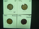 Four Indian Cents: 1887 XF, 1896 XF, 1895 Cleaned AU, 1907 AU+