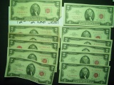 Twelve $2 Red Seal Notes 1928, 1953 & 1963   Avg. Circulated