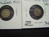 Two 3c Silver Pieces: 1852 & 1853