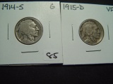 Pair of Early Mint Marked Buffalo Nickels: 1914-S Good & 1915-D VF