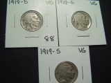 Three Early, Mint Marked Buffalo Nivckels: 1918-D  VG, 1918-S  VG, 1919-S  VG