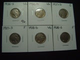 Six Buffalo Nickels: 1925-S, 1926-D, 1927-D, 1927-S, 1928-D, 1928-S
